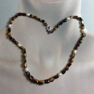 Tiger-eye Gemstones and Freshwater Pearl Necklace.
